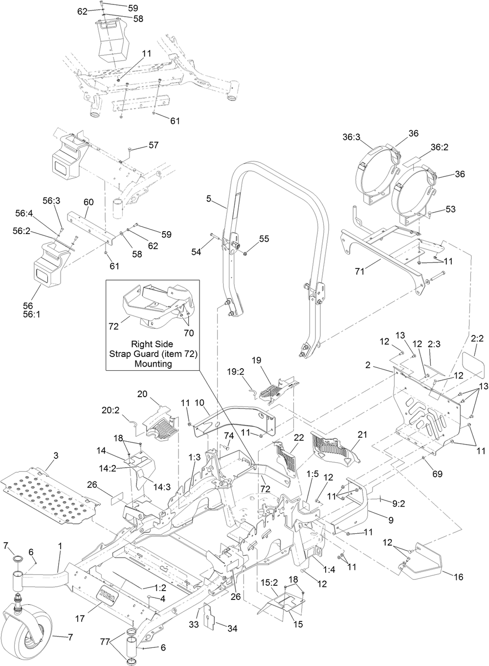 Main Frame Assembly Diagram and Parts List for 74933 (316000001-316999999)(2016) Toro Lawn Mower