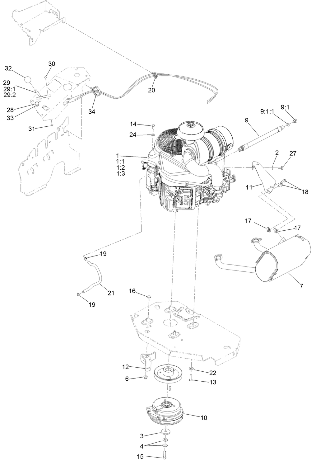 Engine, Clutch And Muffler Assembly Diagram and Parts List for 74952 403319825-999999999 Toro Lawn Mower