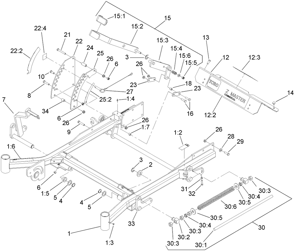 Front Frame Assembly Diagram and Parts List for 74265TE (270000001-270999999)(2007) Toro Lawn Mower