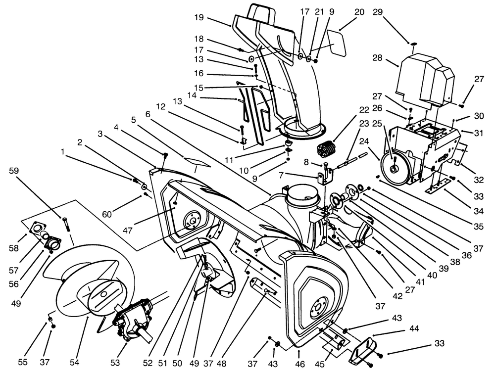 Housing & Chute Assembly Diagram and Parts List for 38543 6900001 - 6999999 Toro Snow Blower