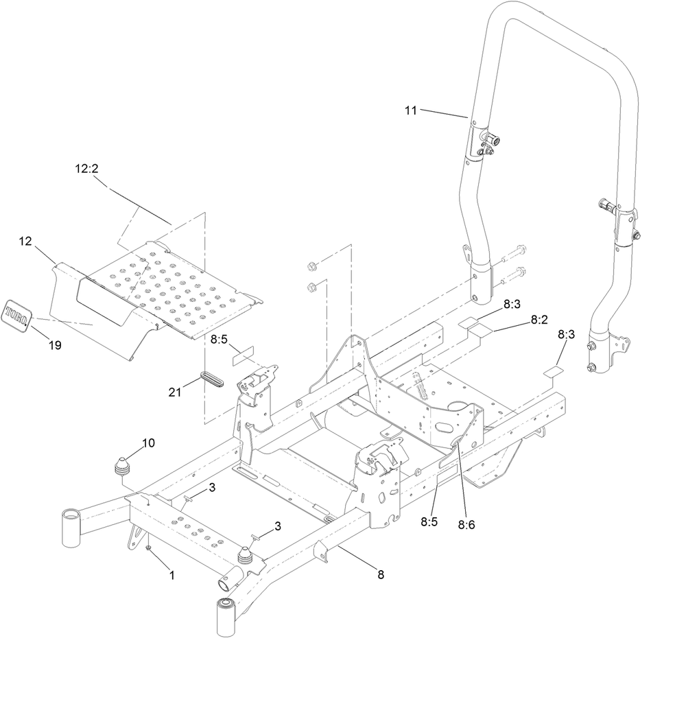 Frame And Roll-Over Protection System Assembly Diagram and Parts List for 74463 403351024-404314999 Toro Lawn Tractor