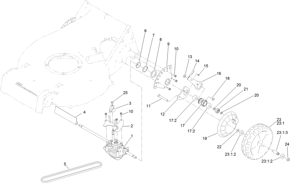 Transmission And Rear Wheel Assembly Diagram and Parts List for 22298 410380000 - 412899999 Toro Lawn Mower