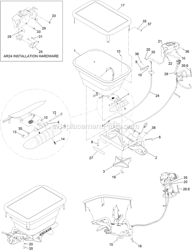 Spreader Hopper And Frame Assembly Diagram and Parts List for 33525 410231189-999999999 Toro Lawn Tractor Accessories