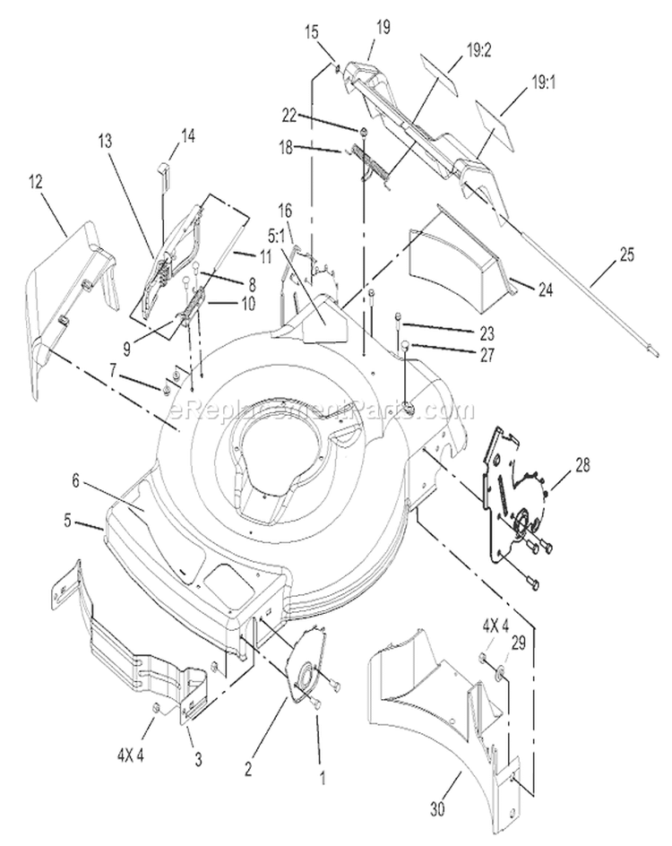 Deck, Side Chute and Rear Door Assembly Diagram and Parts List for 20009 220000001-220999999 - 2002 Toro Lawn Mower