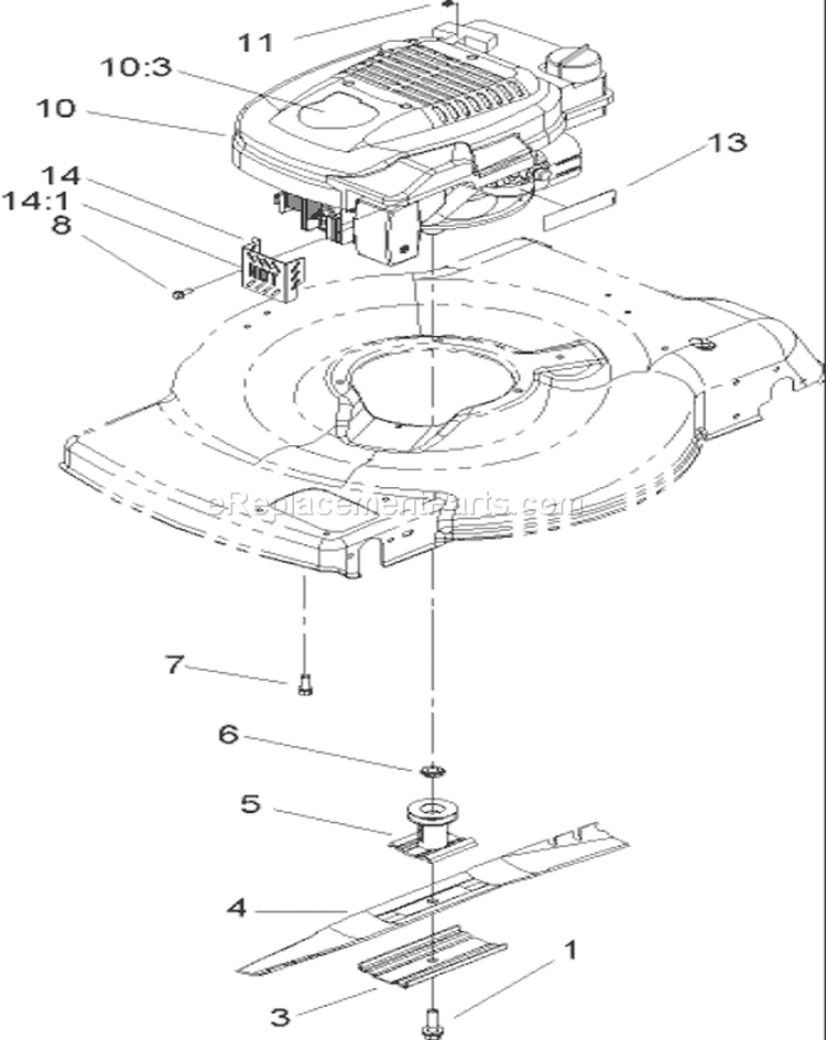 Engine and Blade Assembly Diagram and Parts List for 20009 250000001-250999999 - 2005 Toro Lawn Mower