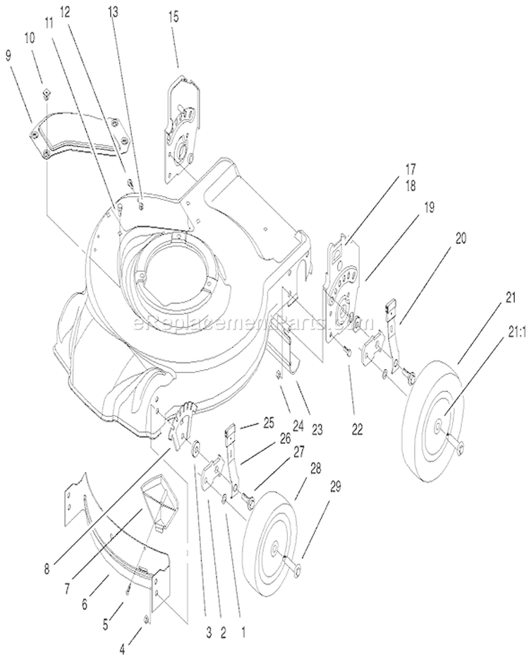 Housing, Handle Brackets and Wheel Assembly Diagram and Parts List for 20010 220000001-220999999 - 2002 Toro Lawn Mower