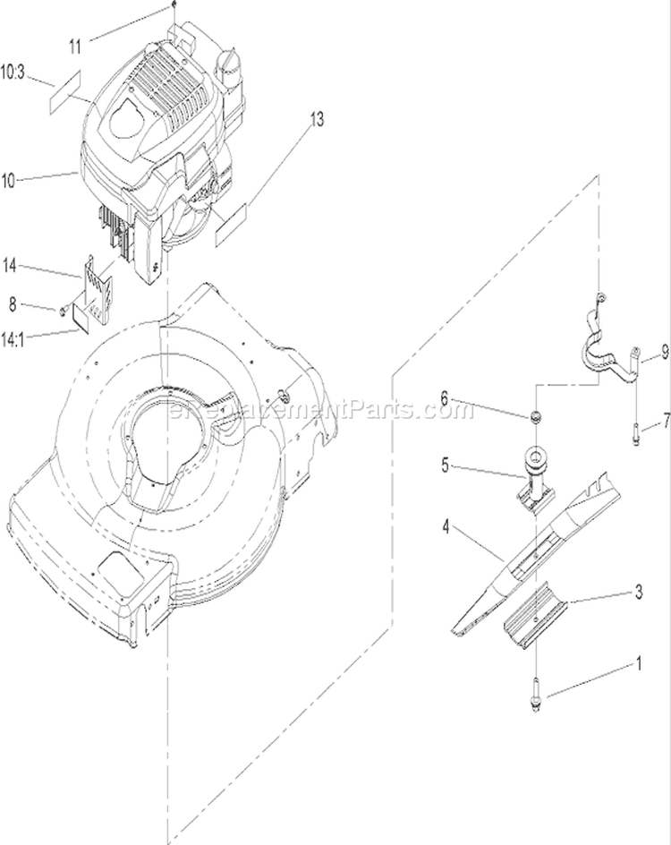 Engine and Blade Assembly Diagram and Parts List for 20012 240000001-240999999 - 2004 Toro Lawn Mower