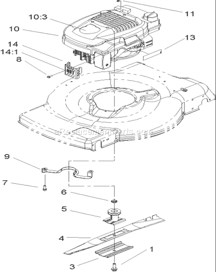 Engine and Blade Assembly Diagram and Parts List for 20012 250000001-250999999 - 2005 Toro Lawn Mower