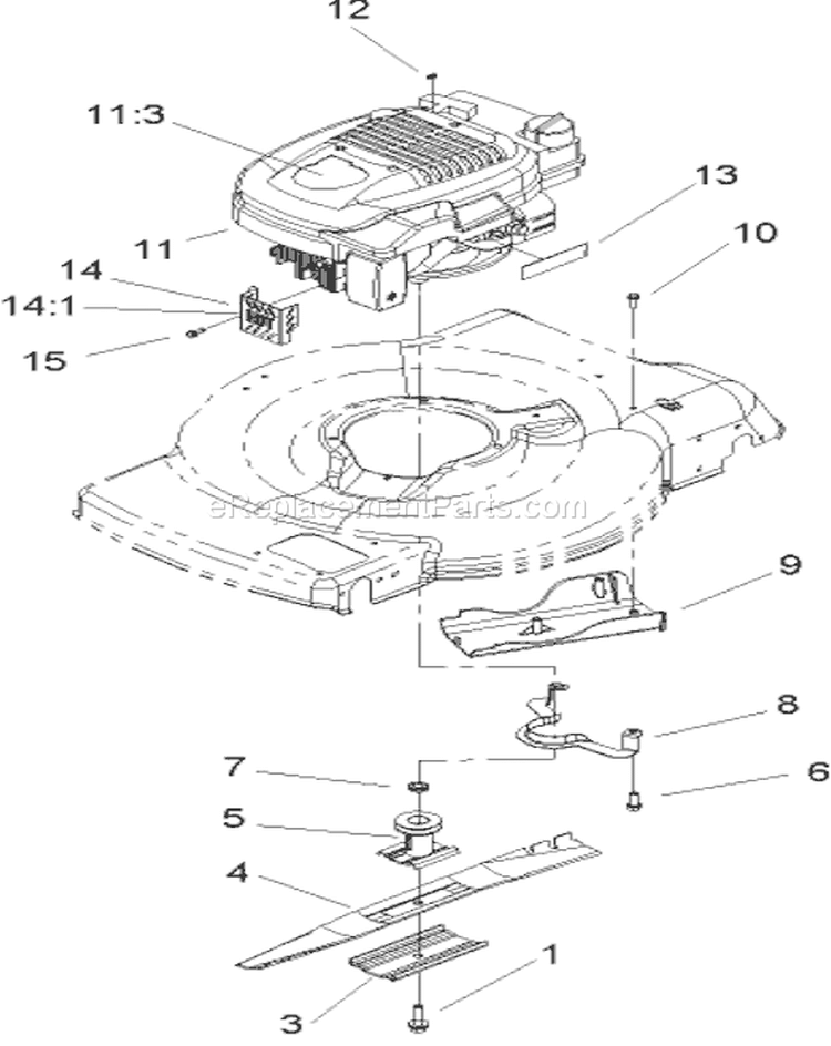 Engine and Blade Assembly Diagram and Parts List for 20013 250000001-250999999 - 2005 Toro Lawn Mower
