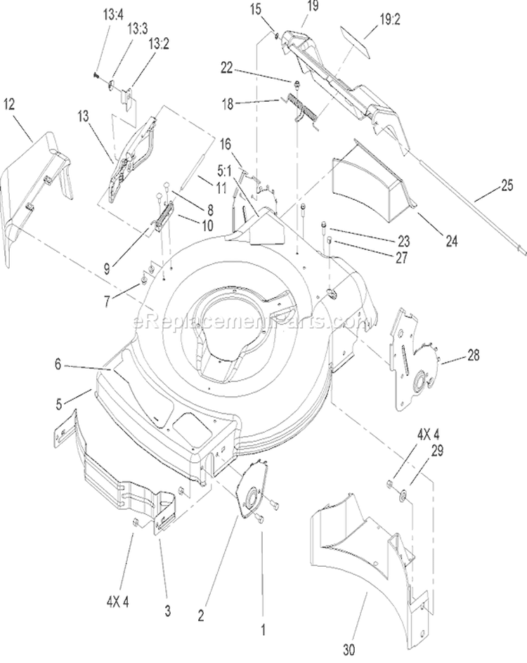 Deck, Side Chute and Rear Door Assembly Diagram and Parts List for 20005 250000001-250999999 - 2005 Toro Lawn Mower