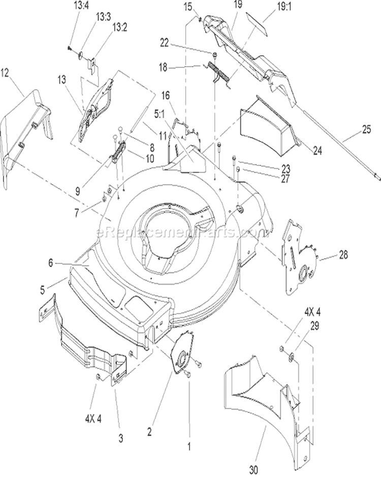 Deck, Side Chute and Rear Door Assembly Diagram and Parts List for 20016 250000001-250999999 - 2005 Toro Lawn Mower