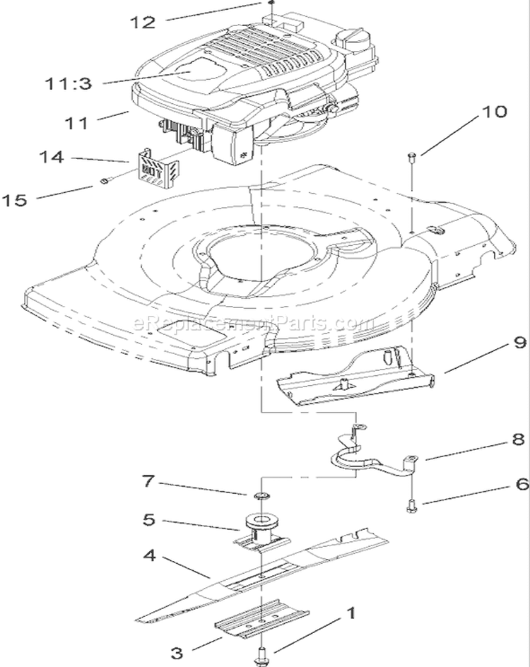 Engine and Blade Assembly Diagram and Parts List for 20017 260000001-260999999 - 2006 Toro Lawn Mower