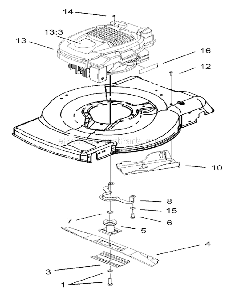 Engine and Blade Assembly Diagram and Parts List for 20014 220300001-220999999 - 2002 Toro Lawn Mower