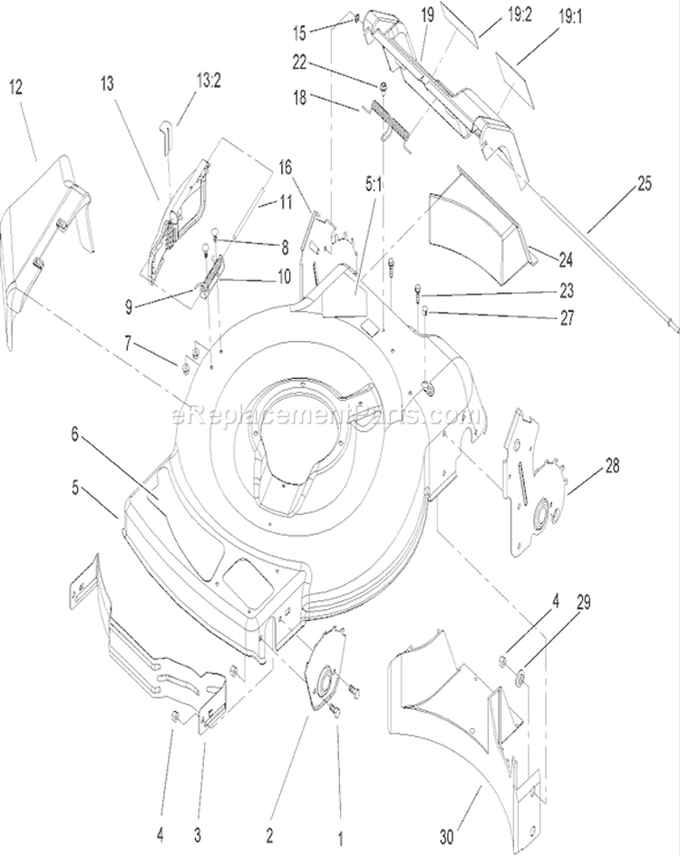 Deck, Side Chute and Rear Door Assembly Diagram and Parts List for 20014 230000001-230999999 - 2003 Toro Lawn Mower