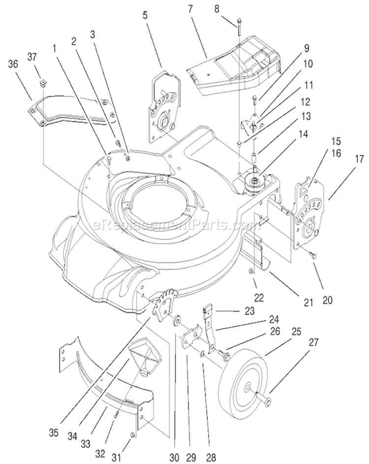 Housing, Handle Brackets and Wheel Assembly Diagram and Parts List for 20020 9900001-9999999 - 1999 Toro Lawn Mower