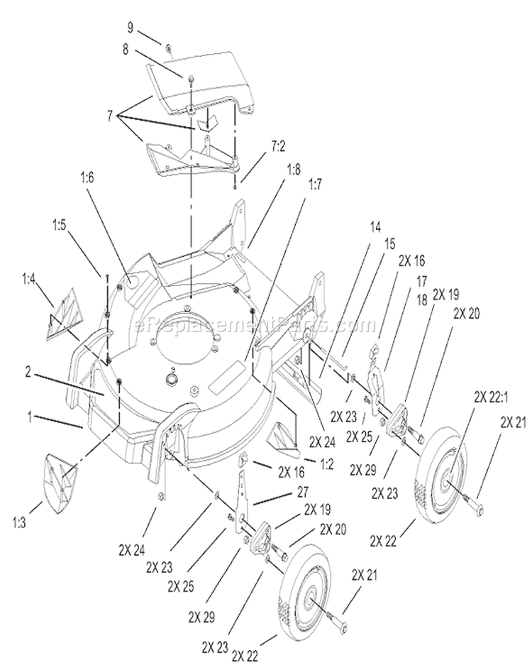 Housing, Handle Brackets and Wheel Assembly Diagram and Parts List for 20033 240000001-240999999 - 2004 Toro Lawn Mower