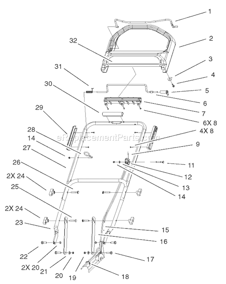 Handle and Control Assembly Diagram and Parts List for 20038 220000001-220999999 - 2002 Toro Lawn Mower
