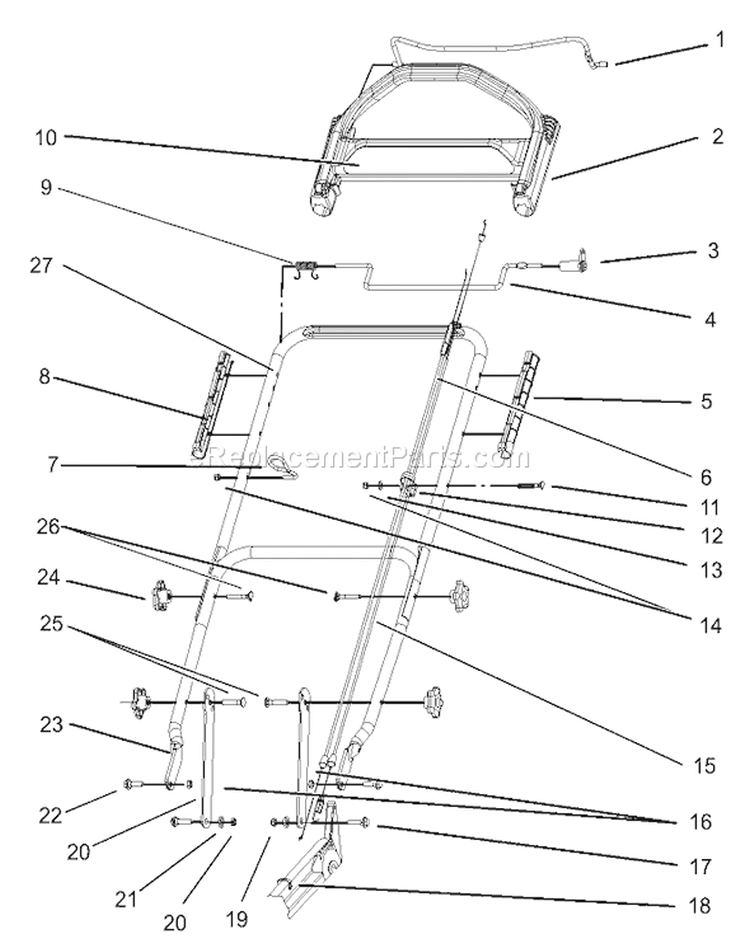 Handle and Control Assembly Diagram and Parts List for 20038 230000001-230999999 - 2003 Toro Lawn Mower