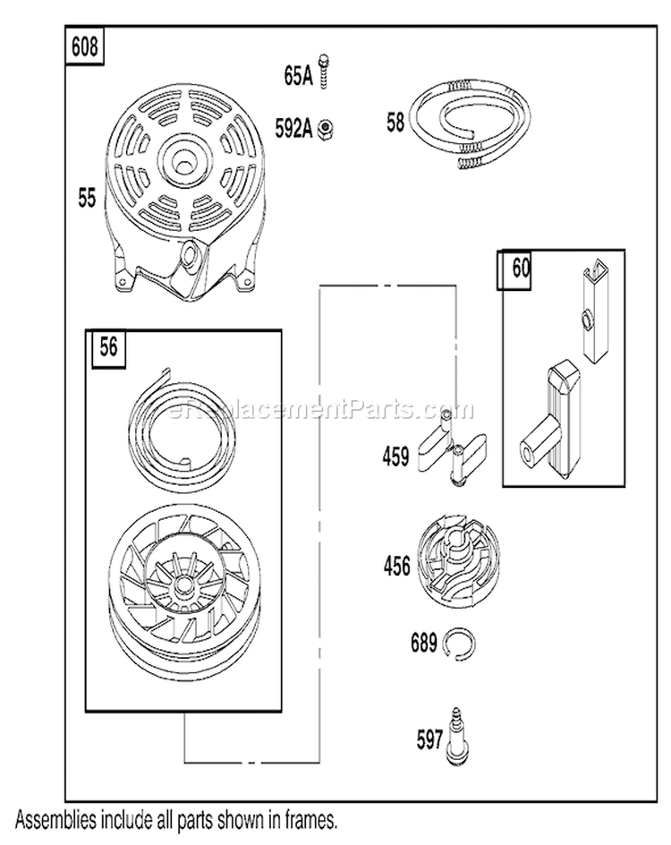Rewind Starter Assembly Diagram and Parts List for 20040 210000001-210999999 - 2001 Toro Lawn Mower