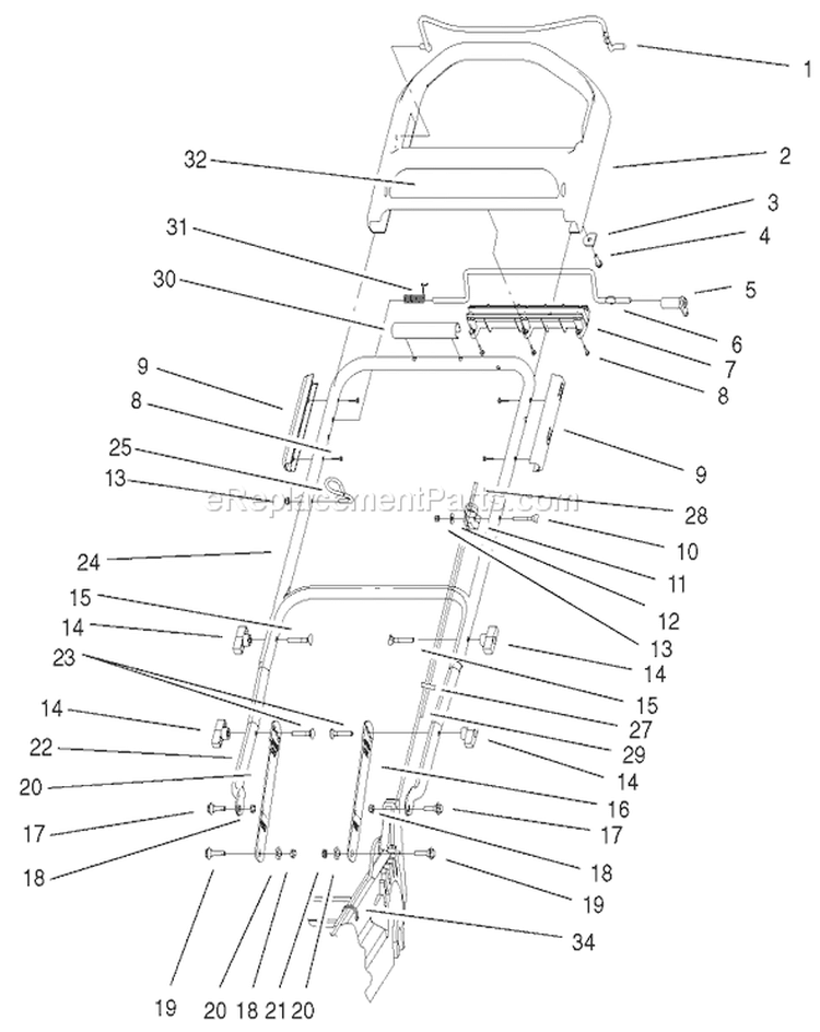 Handle and Control Assembly Diagram and Parts List for 20040 9900001-9999999 - 1999 Toro Lawn Mower