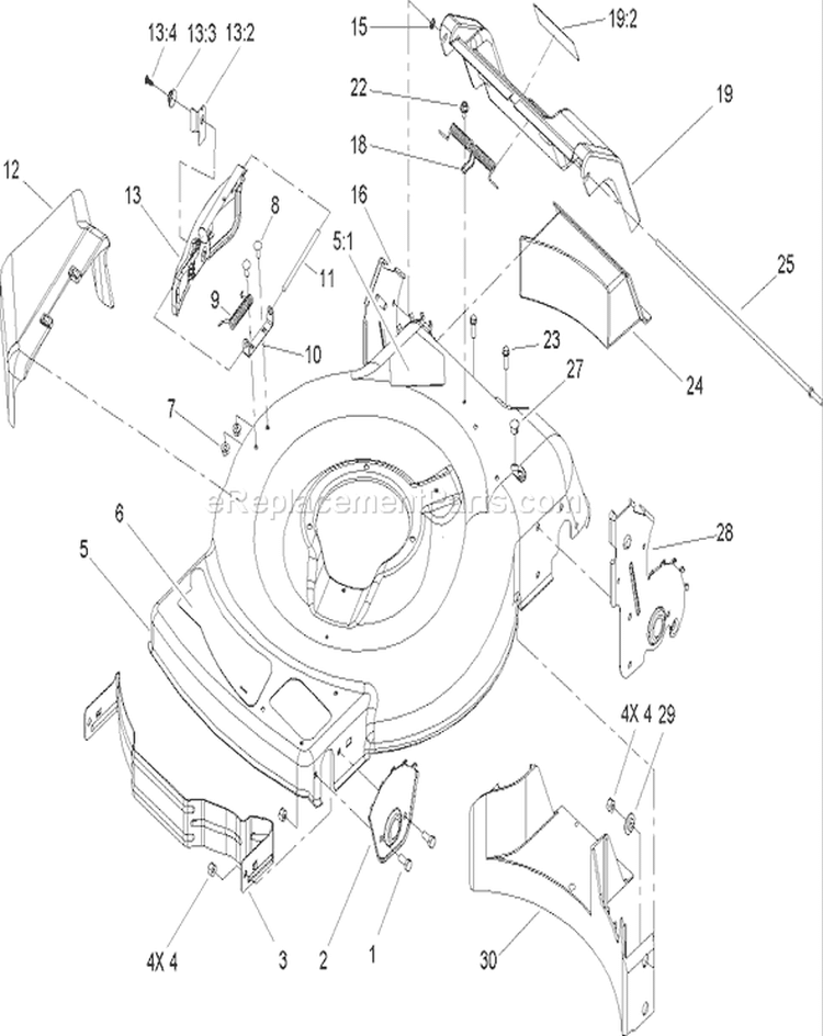 Housing Assembly Diagram and Parts List for 20017 250000001-250999999 - 2005 Toro Lawn Mower