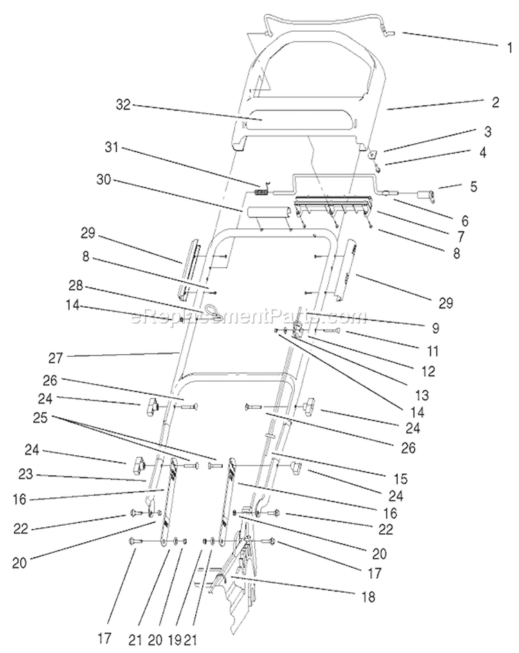 Handle and Control Assembly Diagram and Parts List for 20042 210000001-210999999 - 2001 Toro Lawn Mower