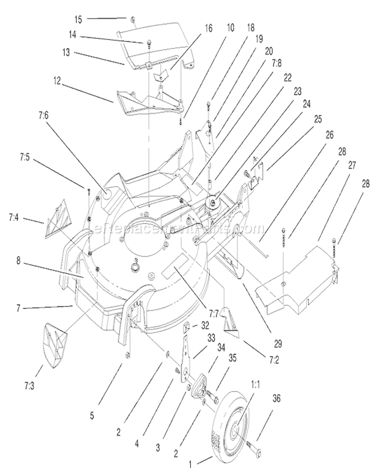 Housing, Handle Brackets and Wheel Assembly Diagram and Parts List for 20042 210000001-210999999 - 2001 Toro Lawn Mower
