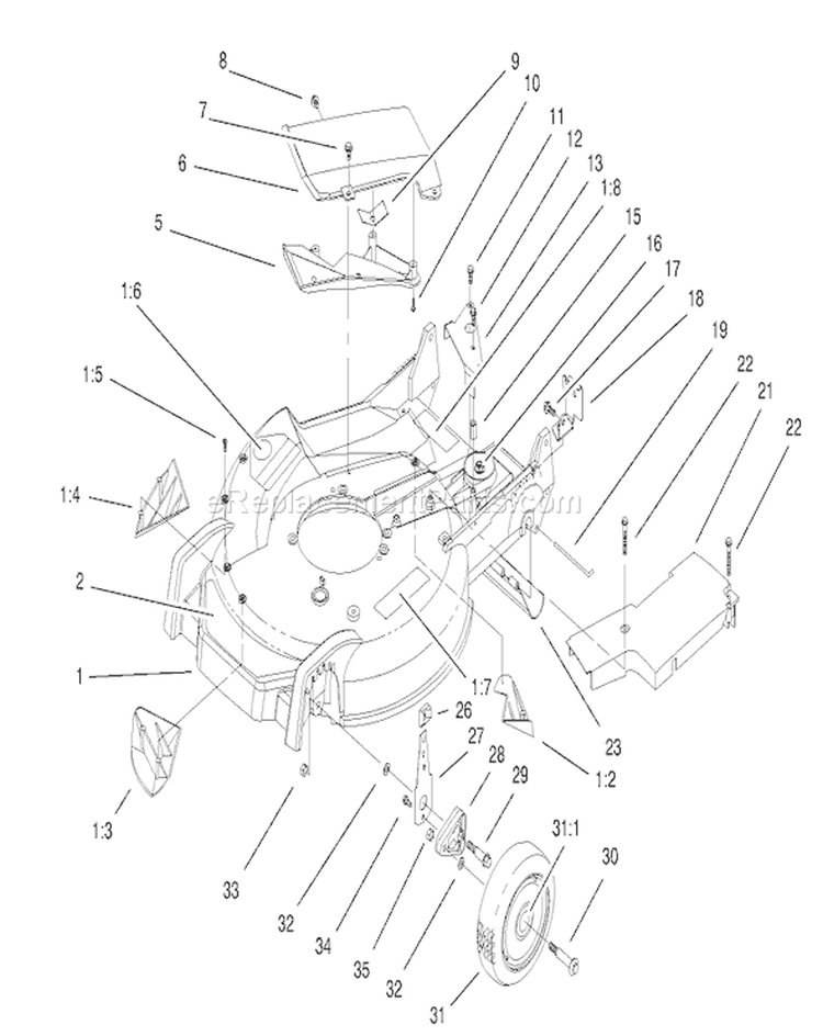 Housing, Handle Brackets and Wheel Assembly Diagram and Parts List for 20043 9900001-9999999 - 1999 Toro Lawn Mower