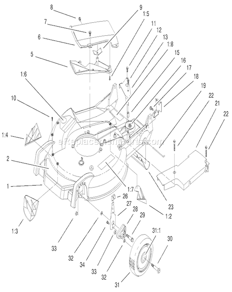 Housing, Handle Brackets and Wheel Assembly Diagram and Parts List for 20045 9900001-9999999 - 1999 Toro Lawn Mower
