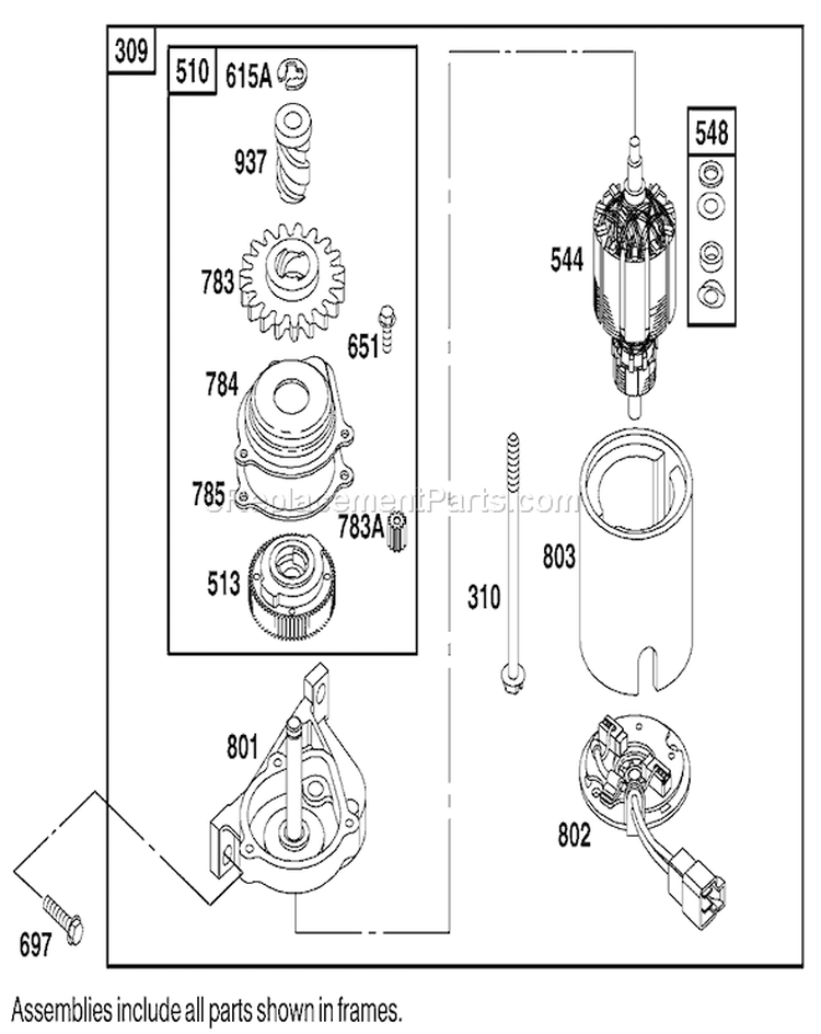 Starter Assembly Diagram and Parts List for 20045 9900001-9999999 - 1999 Toro Lawn Mower