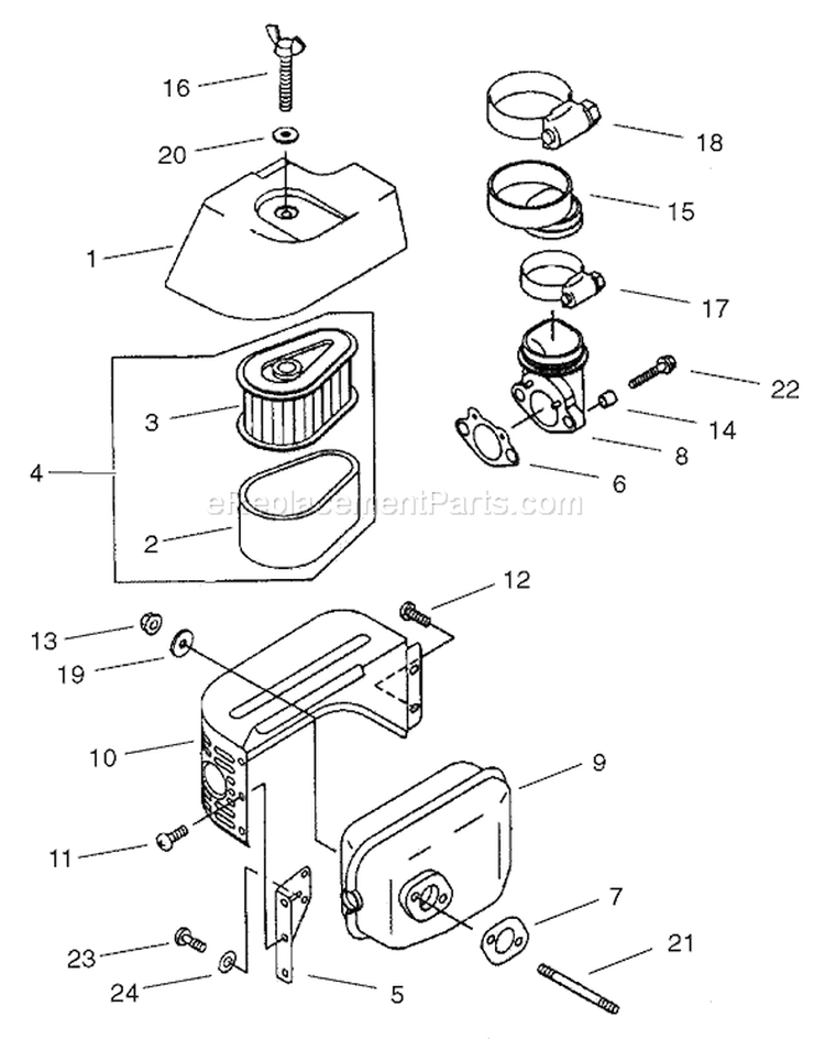 Air Filter and Muffler Assembly Diagram and Parts List for 20046 210000001-210999999 - 2001 Toro Lawn Mower