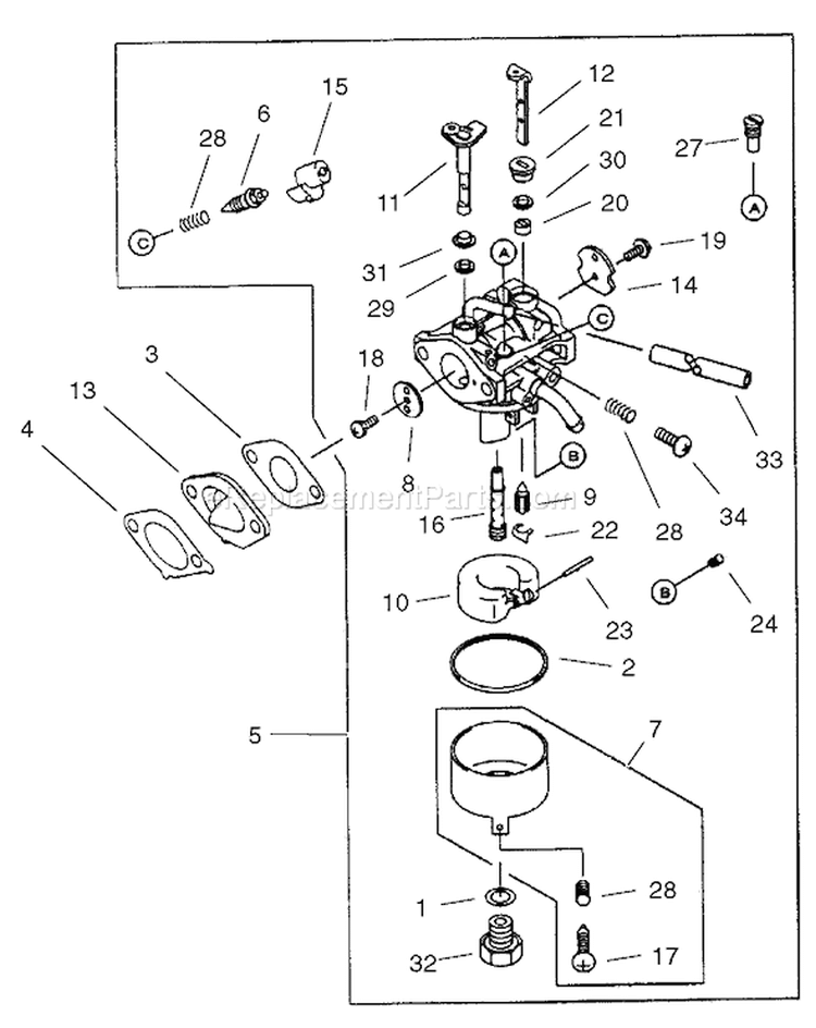 Carburetor Assembly Diagram and Parts List for 20046 210000001-210999999 - 2001 Toro Lawn Mower