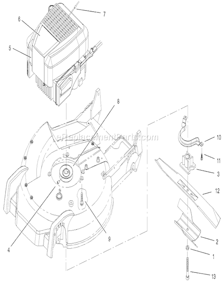 Engine and Blade Assembly Diagram and Parts List for 20048 210000001-210999999 - 2001 Toro Lawn Mower