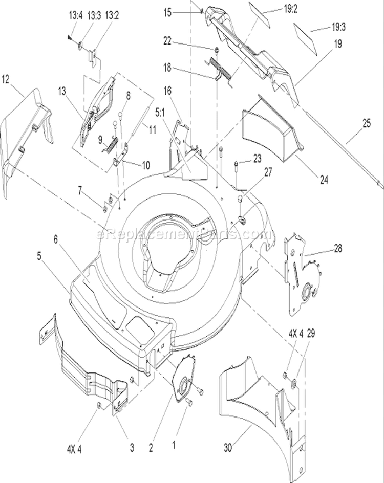 Deck, Side Chute and Rear Door Assembly Diagram and Parts List for 20013 250000001-250999999 - 2005 Toro Lawn Mower