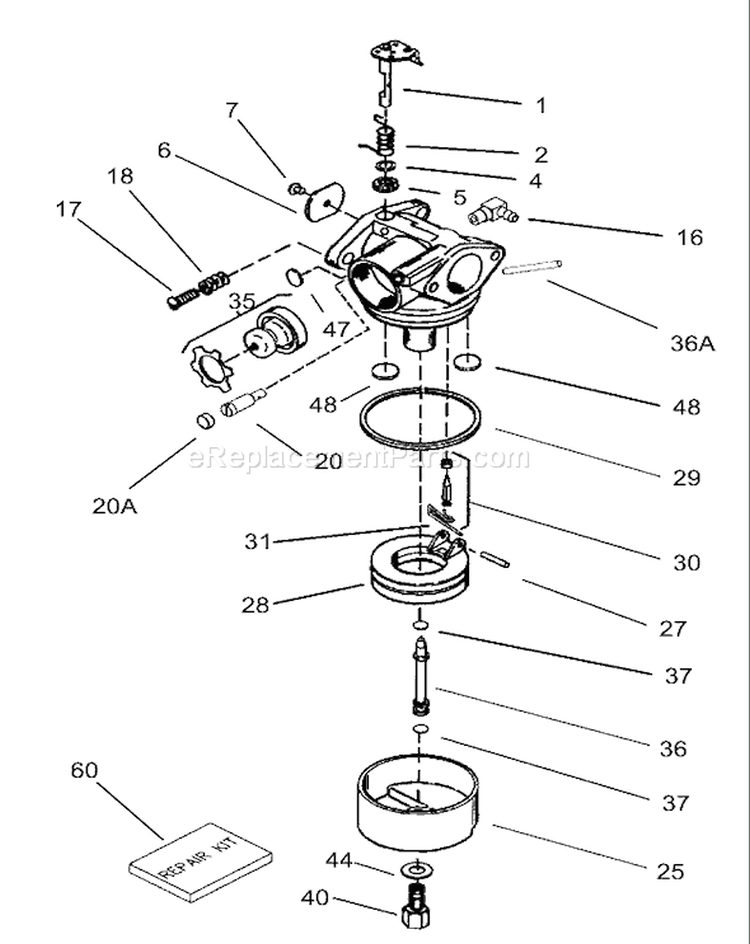 Carburetor Assembly Diagram and Parts List for 20051 240000001-240999999 - 2004 Toro Lawn Mower