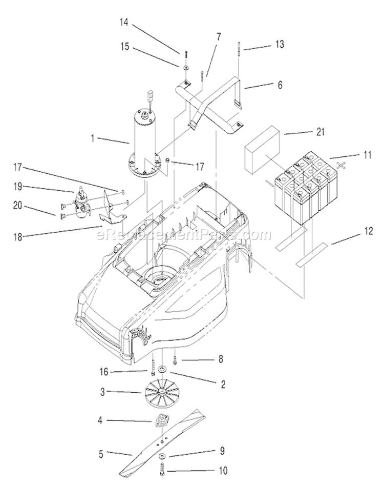 Motor, Battery and Blade Assembly Diagram and Parts List for 20052 200000001-200999999 - 2000 Toro Lawn Mower