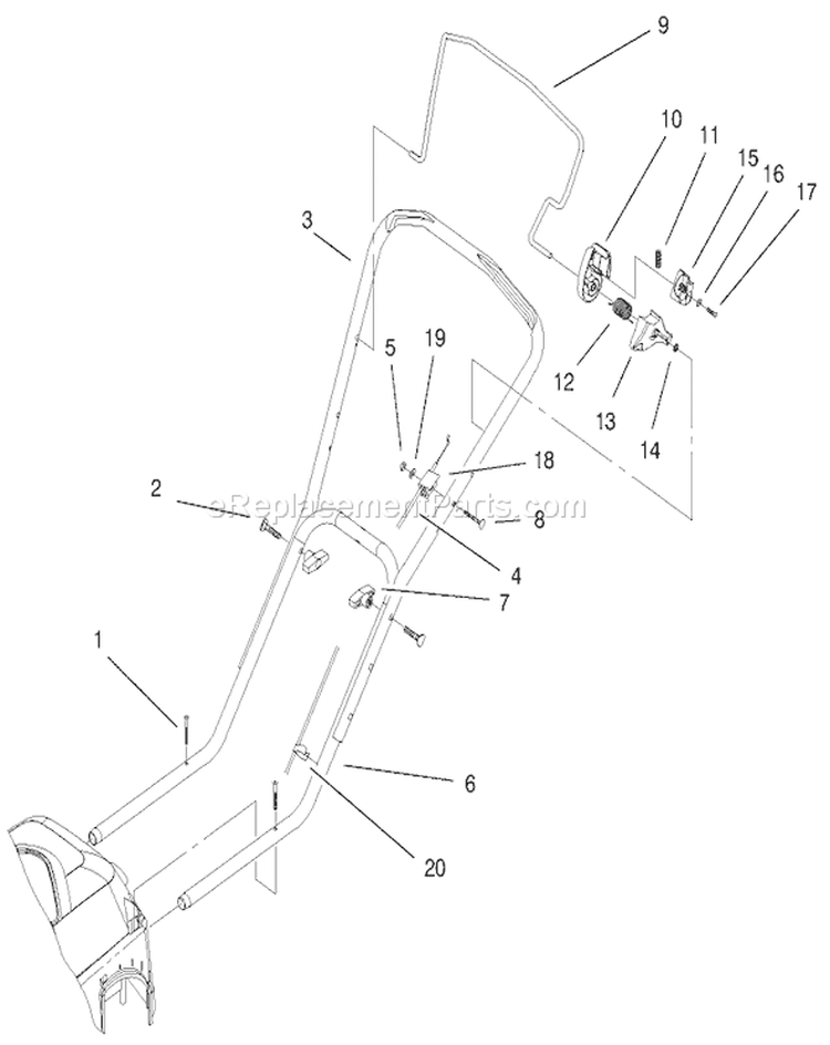 Handle and Controls Assembly Diagram and Parts List for 20052 99000001-99999999 - 1999 Toro Lawn Mower