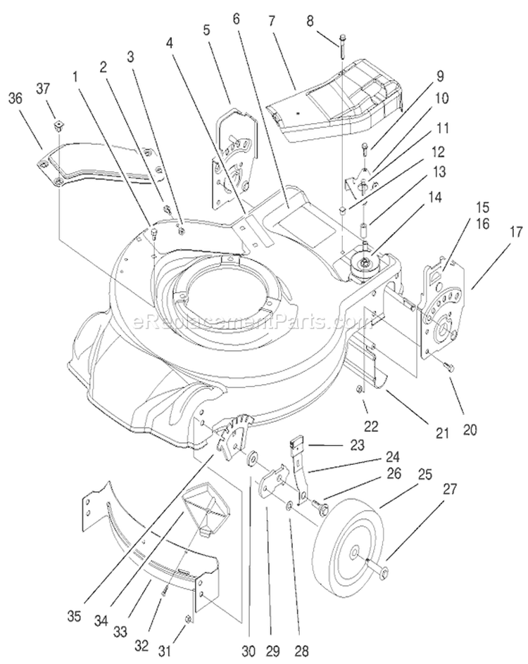 Housing, Handle Brackets and Wheel Assembly Diagram and Parts List for 20060 9900001-9999999 - 1999 Toro Lawn Mower