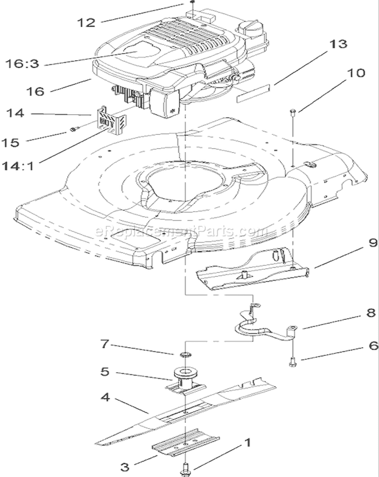 Engine and Blade Assembly Diagram and Parts List for 20079 260000001-260999999 - 2006 Toro Lawn Mower