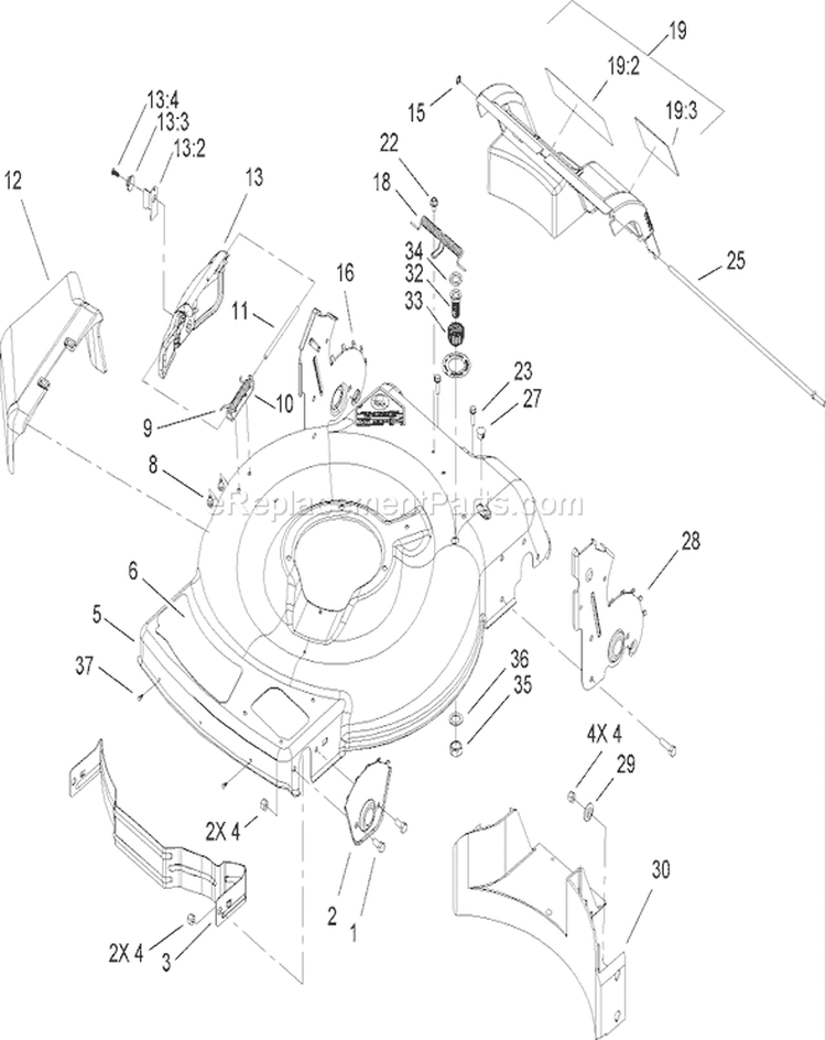 Deck, Side Chute and Rear Door Assembly Diagram and Parts List for 20094 270000001-270999999 - 2007 Toro Lawn Mower