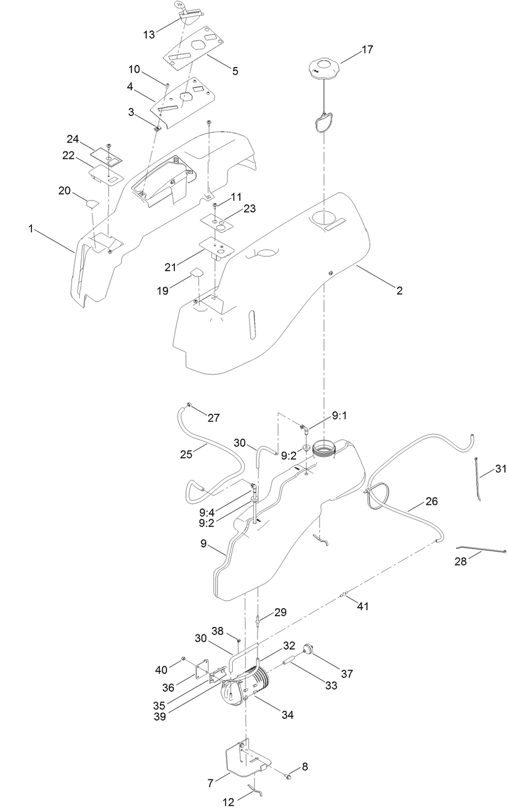 Body Styling And Fuel Tank Assembly Diagram and Parts List for 74785 400000000 - 999999999 Toro Lawn Tractor