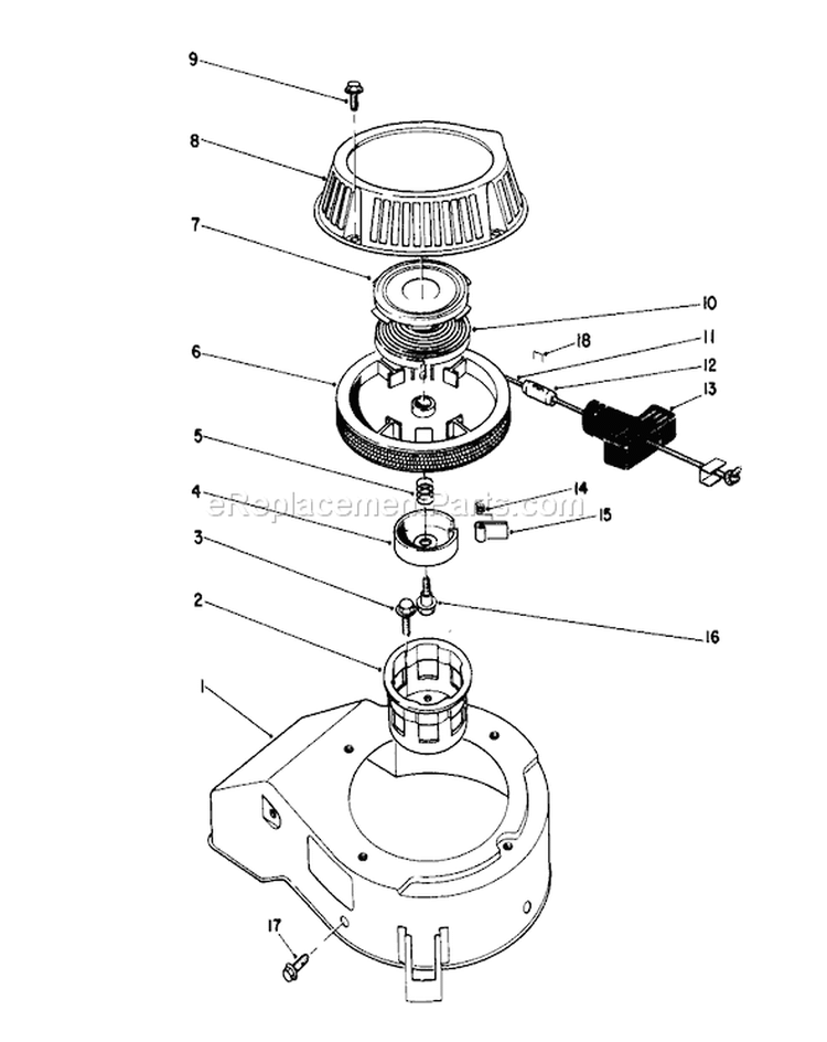Recoil Assembly Diagram and Parts List for 20103 1000001-1999999 - 1991 Toro Lawn Mower