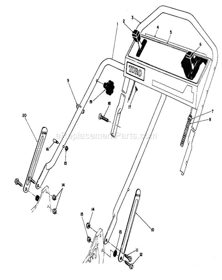 Handle Assembly Diagram and Parts List for 20107 2000001-2999999 - 1992 Toro Lawn Mower
