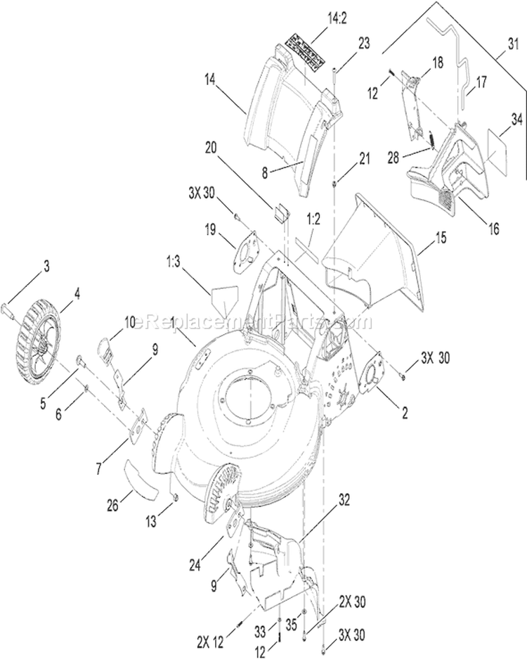 Deck Housing, Front Wheel and Rear Door Assembly Diagram and Parts List for 20194 290000001-290999999 - 2009 Toro Lawn Mower