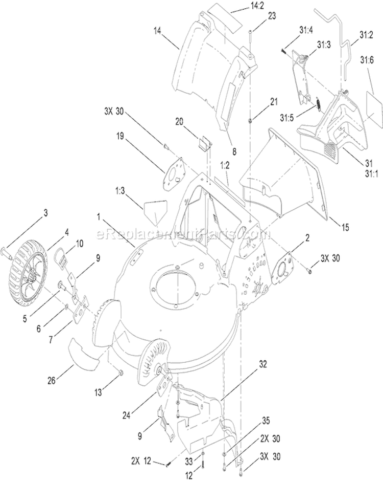 Housing and Tunnel Assembly Diagram and Parts List for 20197 310000001-310999999 - 2010 Toro Lawn Mower