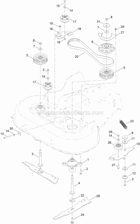 Belt_Spindle_And_Blade_Assembly Diagram and Parts List for 20200 314200001 - 314999999 Toro Lawn Mower