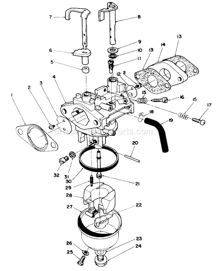Carburetor Assembly Diagram and Parts List for 20219 1000001-1999999 - 1991 Toro Lawn Mower