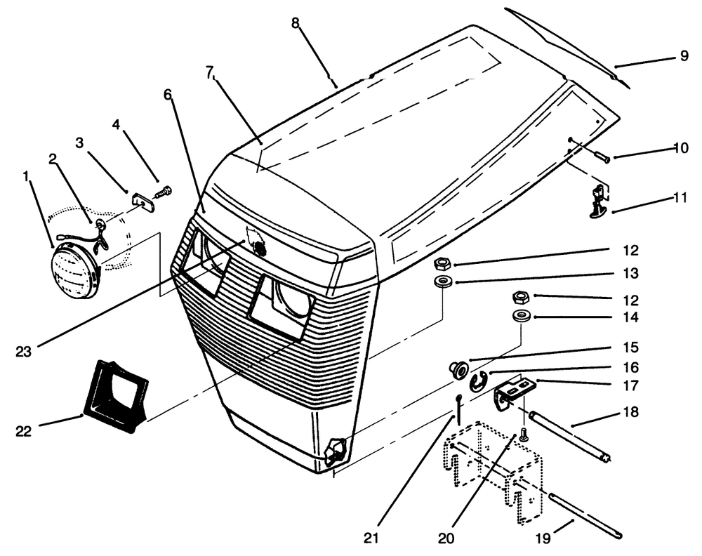 Hood Assembly Diagram and Parts List for 73401 5901261 - 5999999 Toro Lawn Tractor