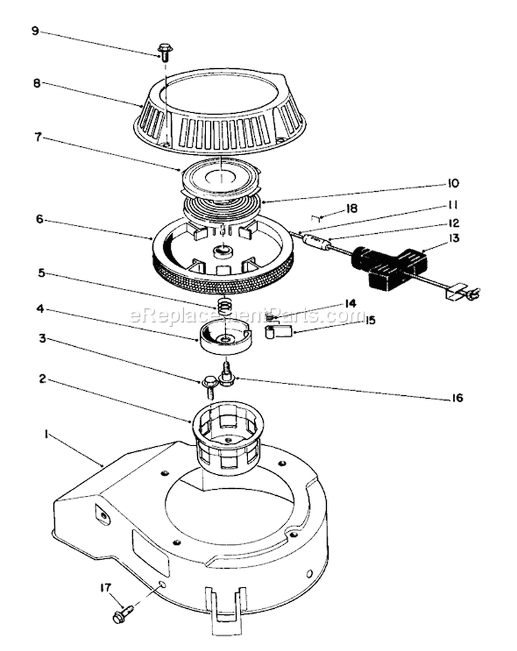Recoil Assembly Diagram and Parts List for 20329 2000001-2999999 - 1992 Toro Lawn Mower