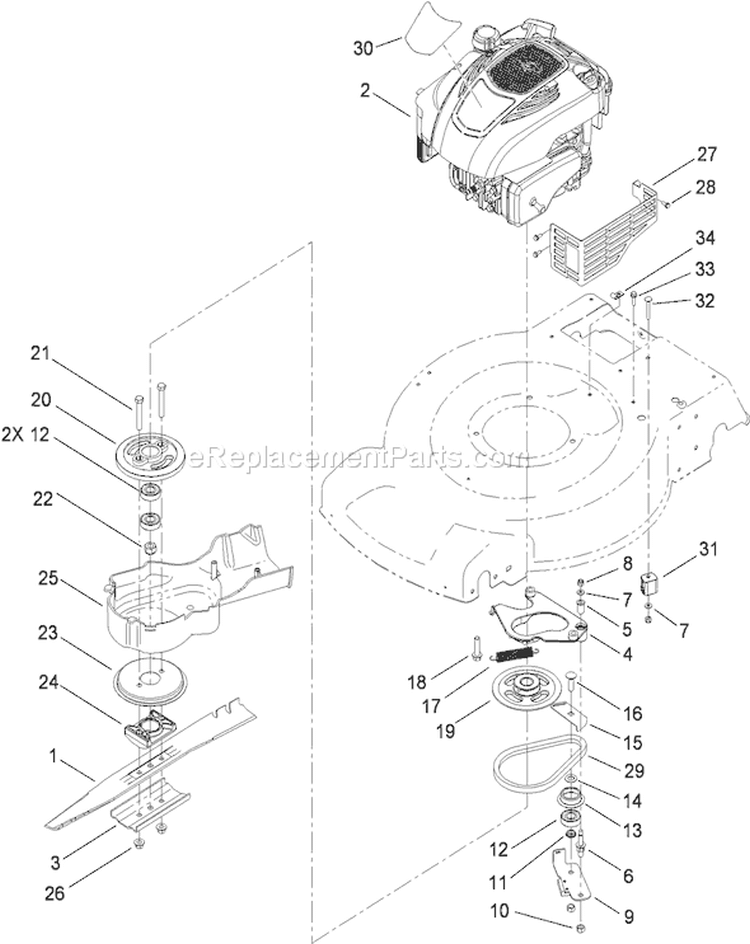 Engine, Blade, Brake and Clutch Assembly Diagram and Parts List for 20333 310000001-310999999 - 2010 Toro Lawn Mower